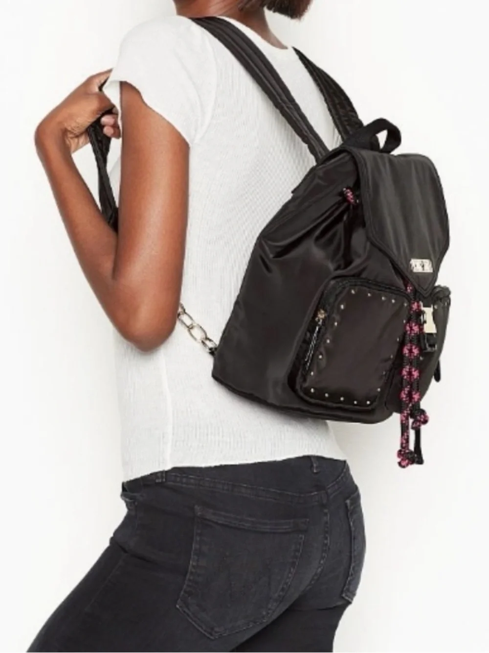 Victoria's Secret Nylon Black Backpack with Pink Accent Cord & Studs